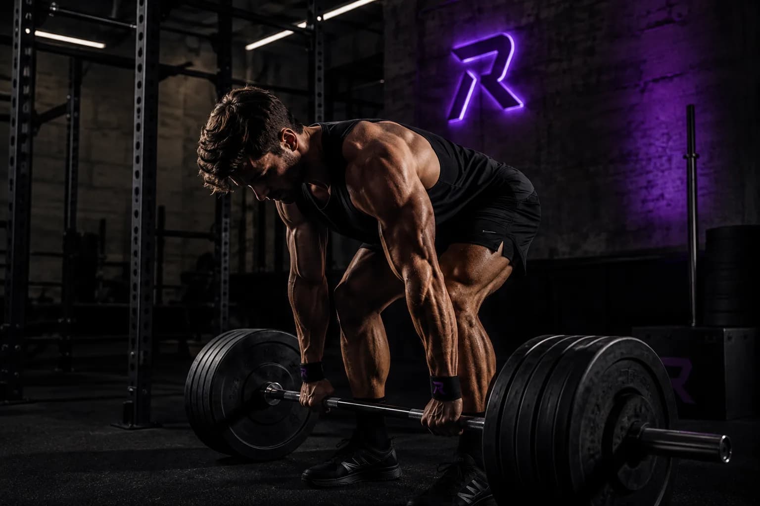 Deadlift in een donkere sportschool, neon RELOAD-merkteken aan de muur, paarse polsbanden