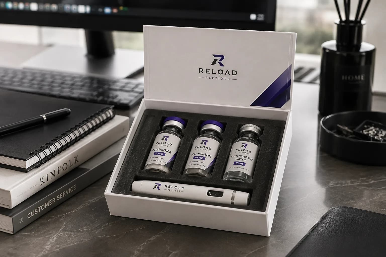 Werkplek met laptop en een vial op het bureau, ochtendlicht