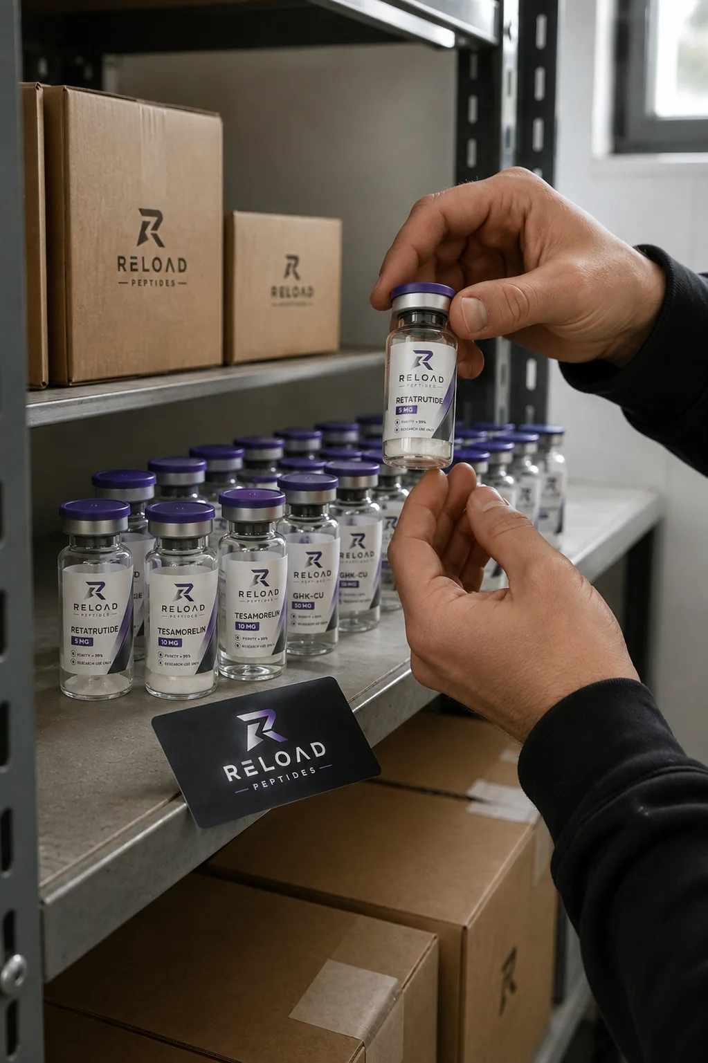 Handen pakken een RELOAD-vial uit een rek vol identieke vials, etiket leesbaar met PURITY > 99%, magazijn bij hoog daglicht