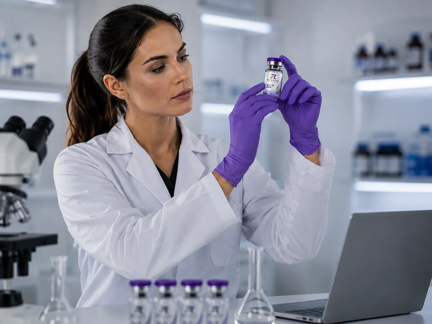 Laborant bekijkt een RELOAD-vial tegen het licht in een laboratorium, met een microscoop en een rij vials op de werkbank