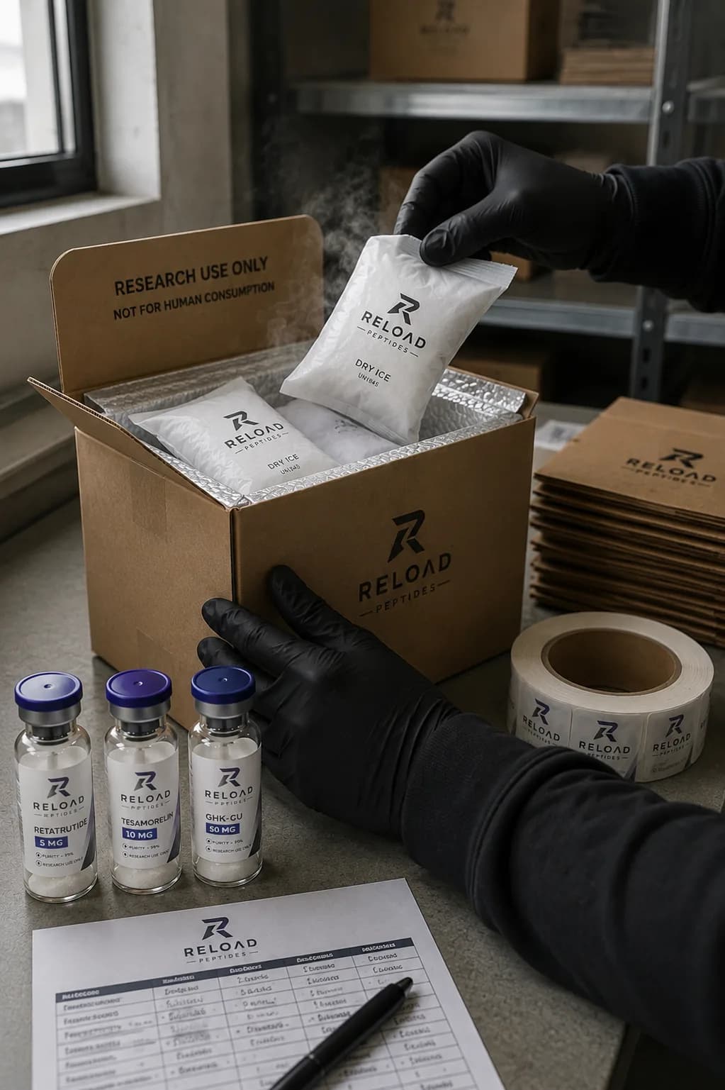 RELOAD-doos wordt gevuld met droogijs op de inpaktafel, merkteken op de zijkant, stapel gevouwen dozen ernaast