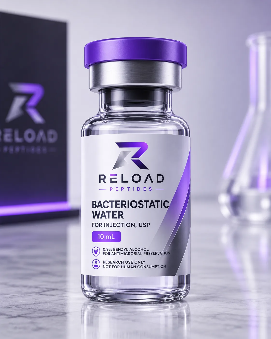 Bacteriostatisch Water (BAC Water) vial straight on, RELOAD label with PURITY > 99%