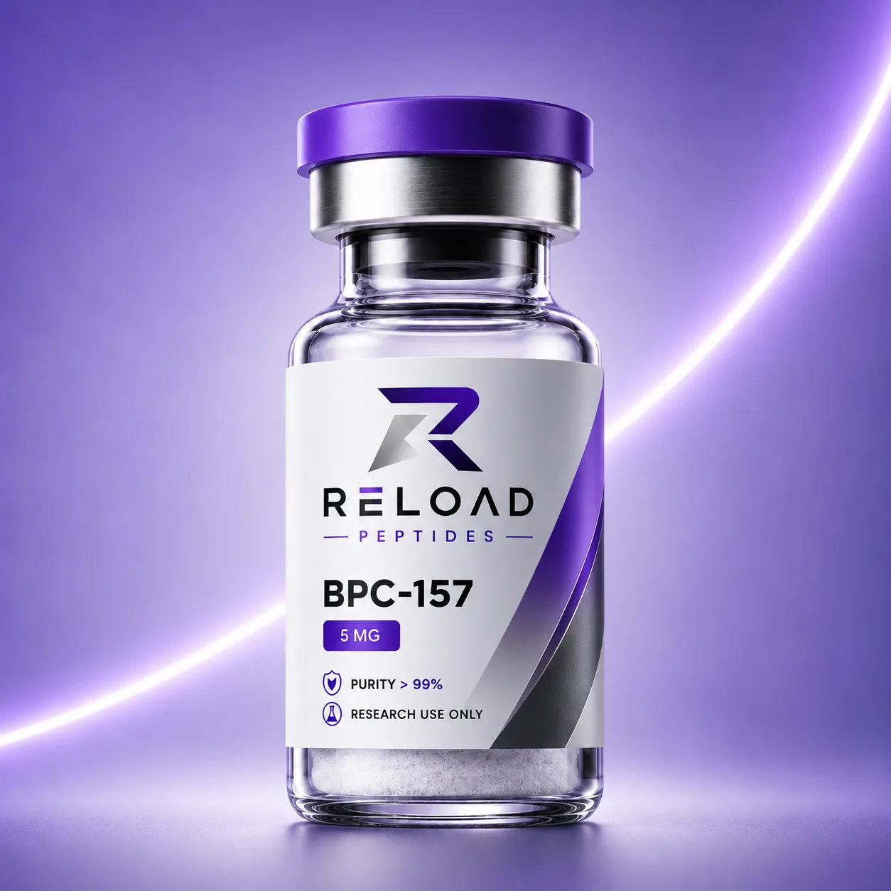 BPC-157 vial straight on, RELOAD label with PURITY > 99%