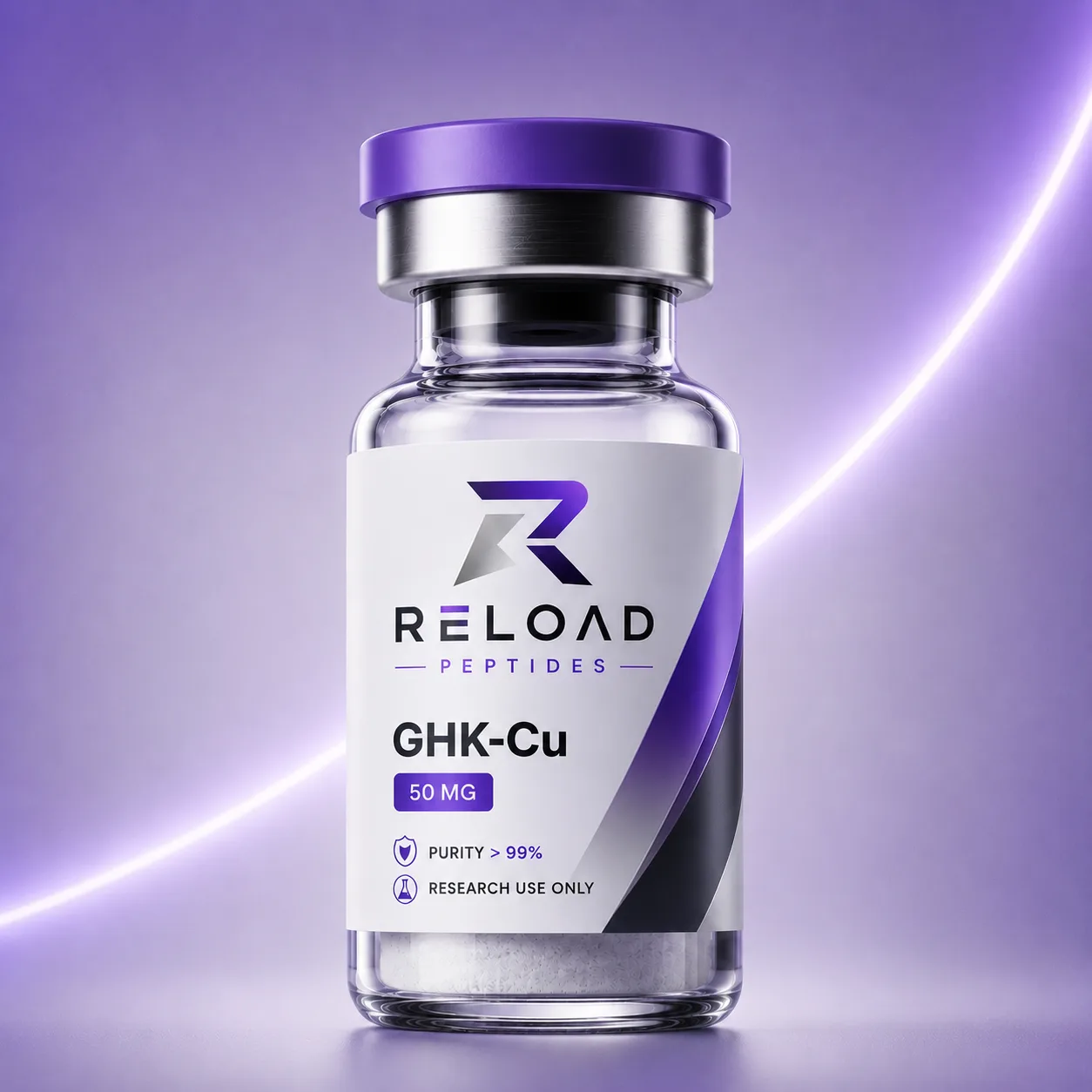 GHK-Cu vial recht van voren, RELOAD-etiket met PURITY > 99%