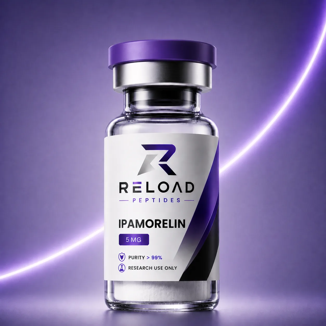 Ipamorelin vial recht van voren, RELOAD-etiket met PURITY > 99%