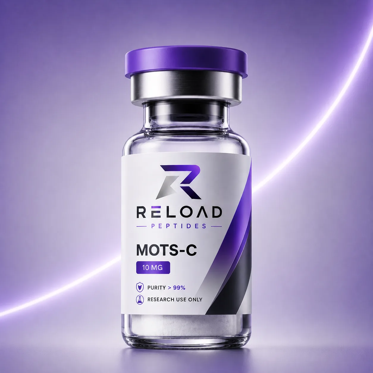 Mots-C vial recht van voren, RELOAD-etiket met PURITY > 99%