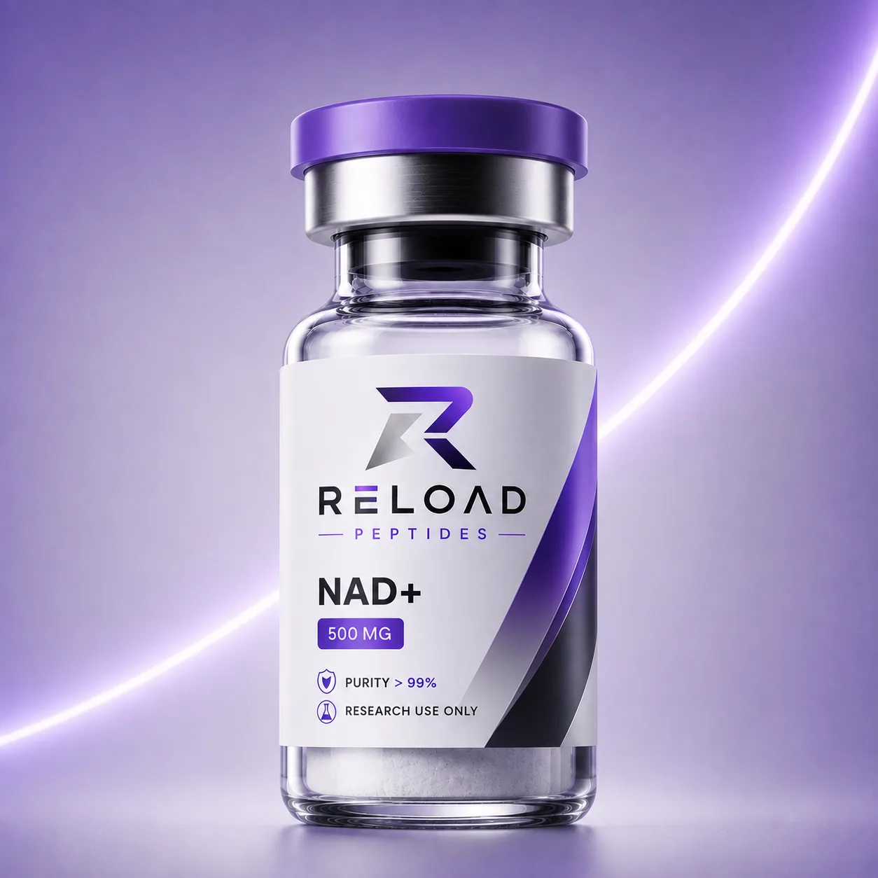NAD+ vial recht van voren, RELOAD-etiket met PURITY > 99%