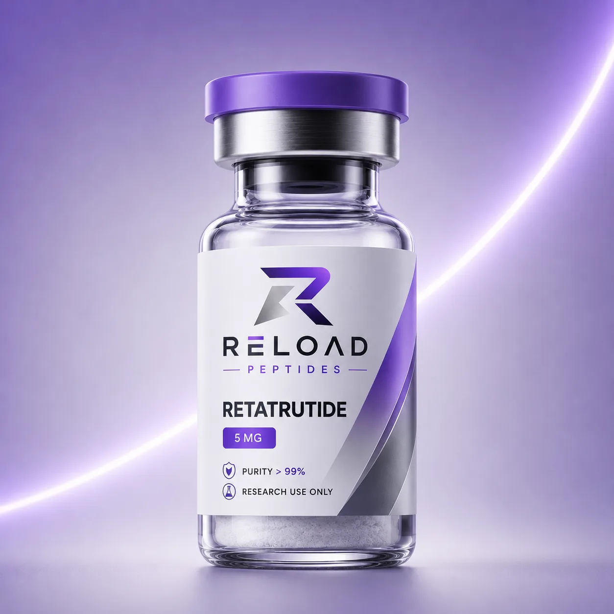 Retatrutide vial recht van voren, RELOAD-etiket met PURITY > 99%