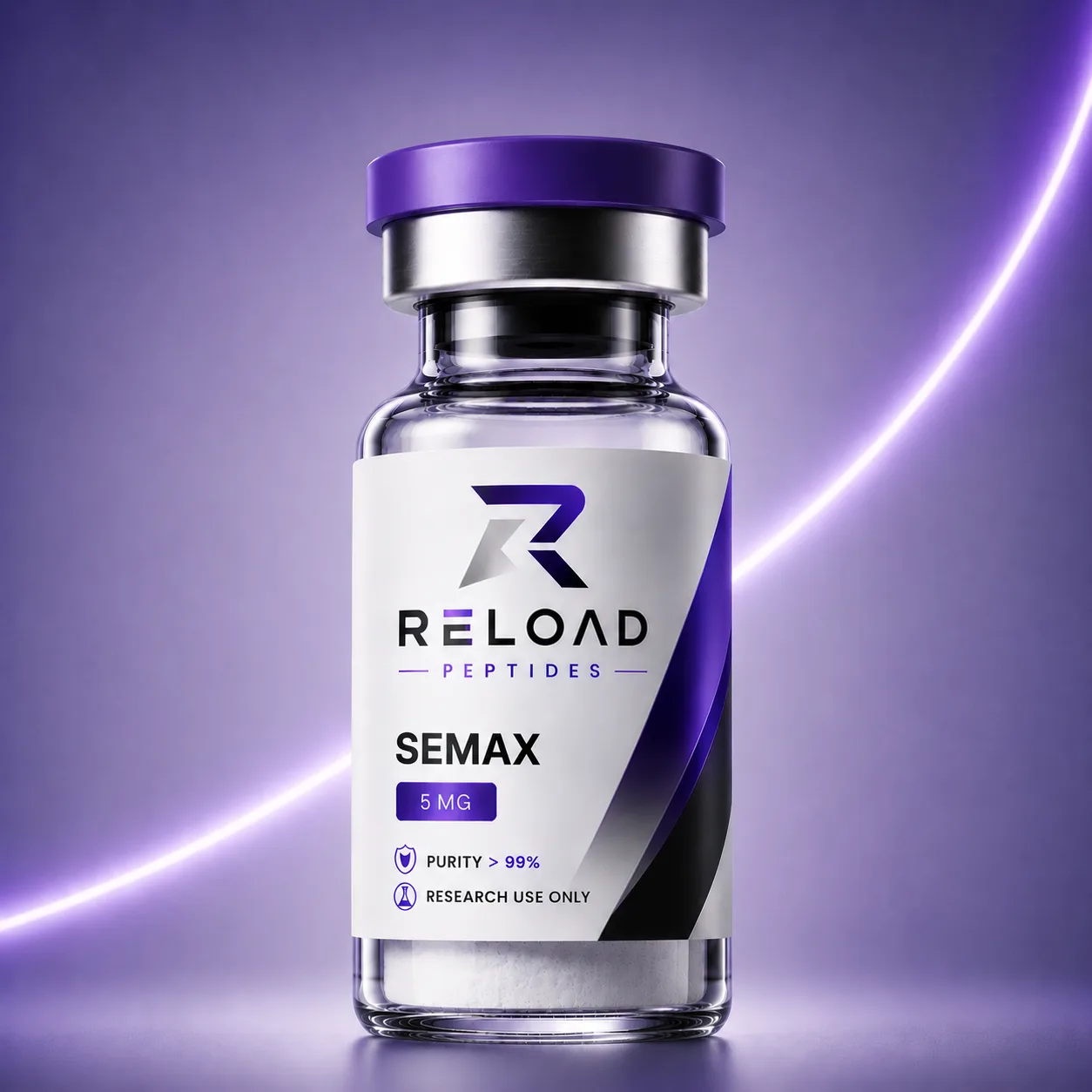 Semax vial recht van voren, RELOAD-etiket met PURITY > 99%