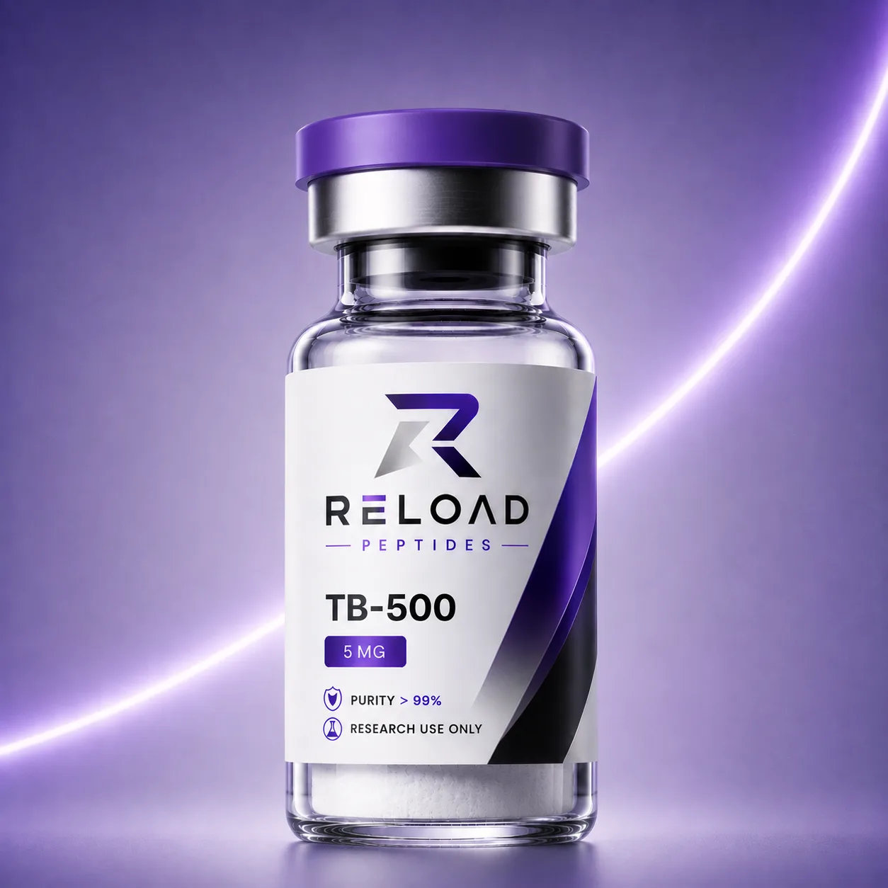 TB500 vial recht van voren, RELOAD-etiket met PURITY > 99%