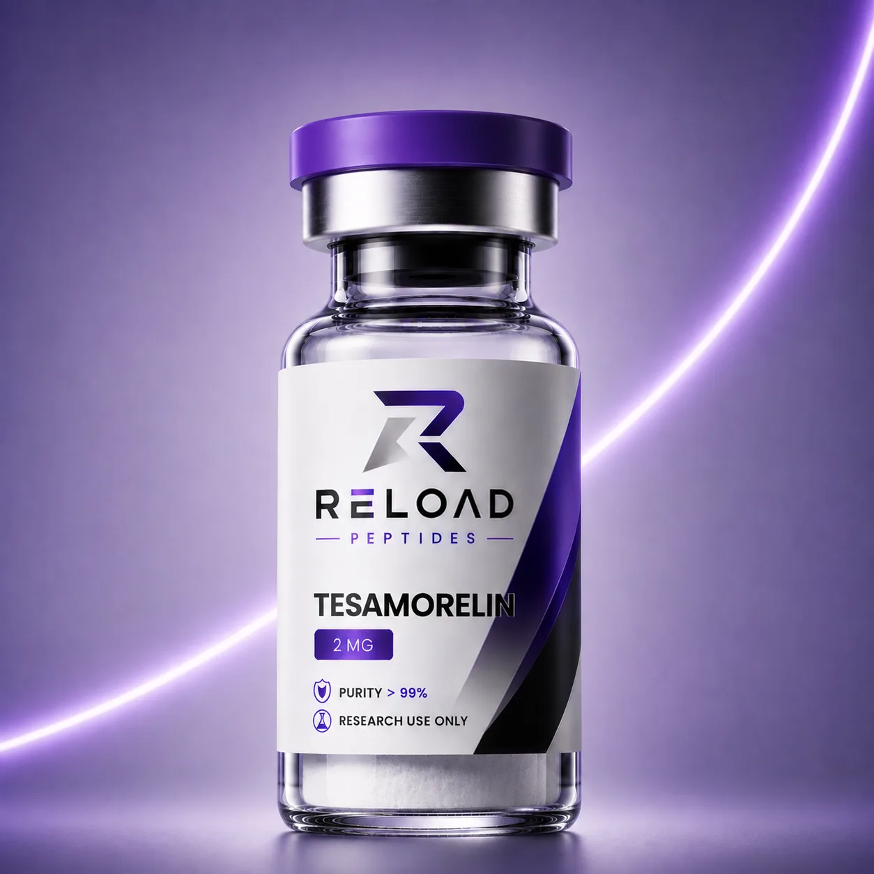 Tesamorelin vial recht van voren, RELOAD-etiket met PURITY > 99%