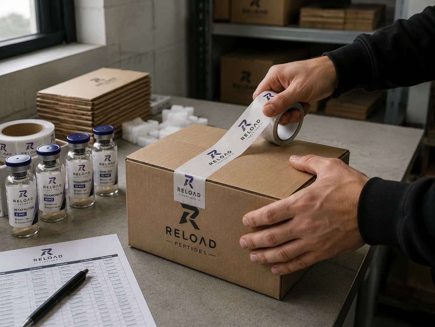 Handen tapen een RELOAD-doos dicht op de inpaktafel, tape met het merkteken in herhaling