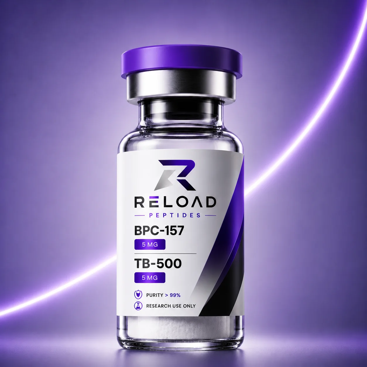 BPC-157 + TB-500 vial straight on, RELOAD label with PURITY > 99%