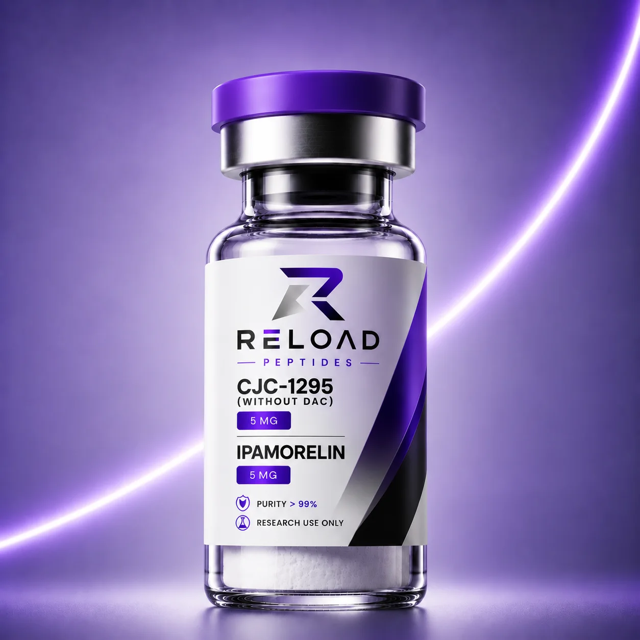 CJC 1295 + Ipamorelin Zonder Dac vial straight on, RELOAD label with PURITY > 99%