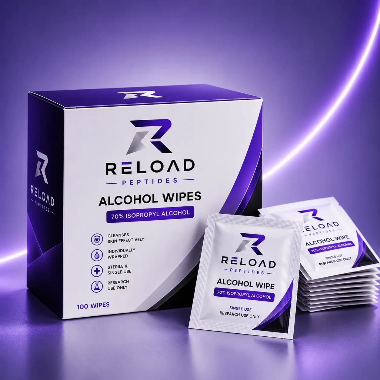 Desinfectie doekjes vial straight on, RELOAD label with PURITY > 99%