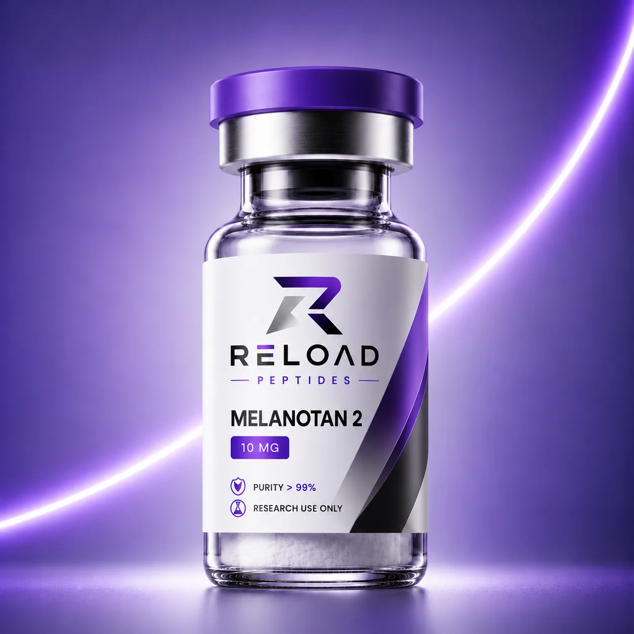 Melanotan 2 vial straight on, RELOAD label with PURITY > 99%