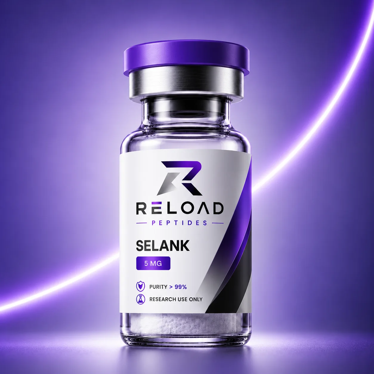 Selank vial recht van voren, RELOAD-etiket met PURITY > 99%