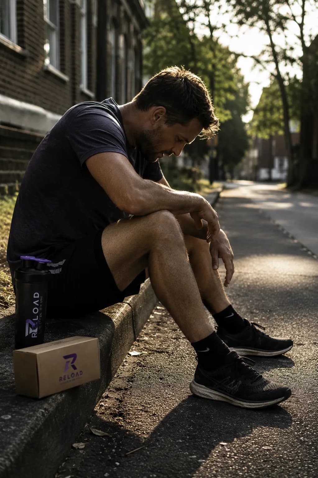Man ligt na de training op de vloer met de benen omhoog tegen de bank, laag paars licht